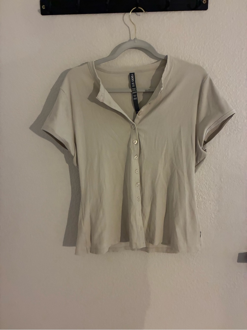 Vuori Short Sleeve Button-Front Top in Light Beige